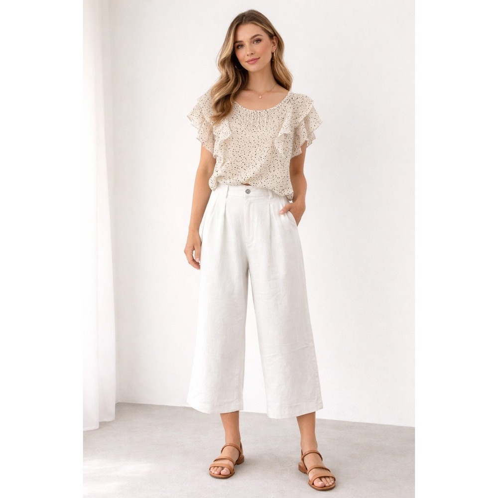 Earth Music & Ecology Cream‎ Polka Dot Ruffle Dainty Sleeve Blouse M